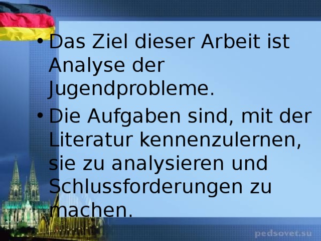 Das Ziel dieser Arbeit ist Analyse der Jugendprobleme. Die Aufgaben sind, mit der Literatur kennenzulernen, sie zu analysieren und Schlussforderungen zu machen. 