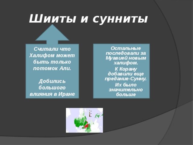 Шииты и сунниты Считали что Халифом может быть только потомок Али.  Добились большого влияния в Иране Остальные последовали за Муавией новым халифом. К Корану добавили еще предание-Сунну. Их было значительно больше 