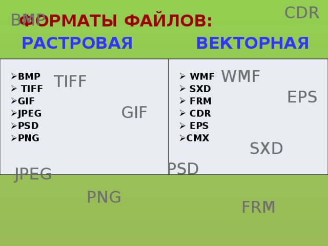 CDR ФОРМАТЫ ФАЙЛОВ: BMP ВЕКТОРНАЯ РАСТРОВАЯ  ВМР  TIFF GIF JPEG PSD PNG   WMF  SXD  FRM  CDR  EPS CMX  WMF TIFF EPS GIF SXD PSD JPEG PNG FRM 
