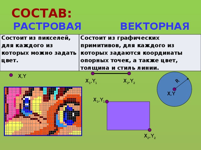 СОСТАВ: R ВЕКТОРНАЯ РАСТРОВАЯ Состоит из пикселей, для каждого из которых можно задать цвет. Состоит из графических примитивов, для каждого из которых задаются координаты опорных точек, а также цвет, толщина и стиль линии. X,Y X 1 ,Y 1 X 2 ,Y 2 X,Y X 1 ,Y 1 X 2 ,Y 2 
