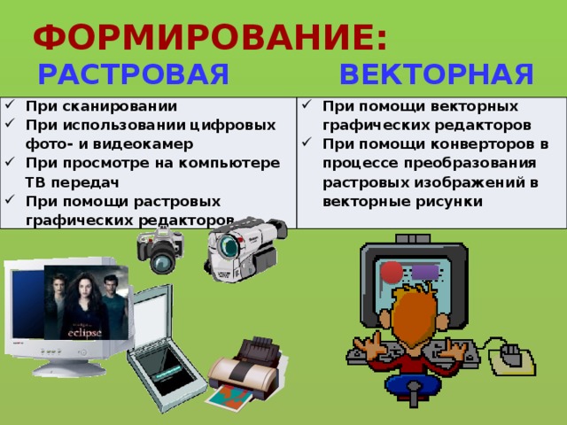 ФОРМИРОВАНИЕ: РАСТРОВАЯ ВЕКТОРНАЯ При сканировании При использовании цифровых фото- и видеокамер При просмотре на компьютере ТВ передач При помощи растровых графических редакторов При помощи векторных графических редакторов При помощи конверторов в процессе преобразования растровых изображений в векторные рисунки 