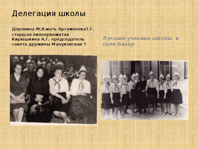 Делегация школы Дорохина М.В.мать АртамоноваТ.Г. старшая пионервожатая Кирюшкина А.Г. председатель совета дружины Мануковская Т Лучшие ученики школы в селе Базар 
