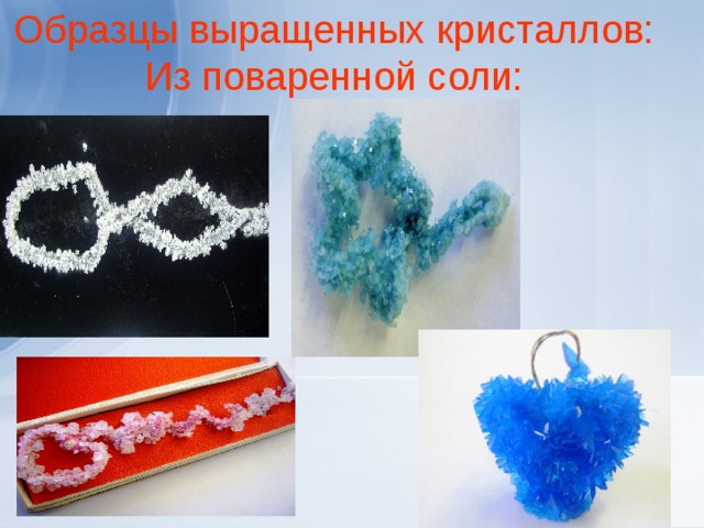 Образцы выращенных кристаллов:  Из поваренной соли:    
