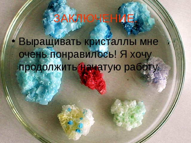 ЗАКЛЮЧЕНИЕ. Выращивать кристаллы мне очень понравилось! Я хочу продолжить начатую работу.  