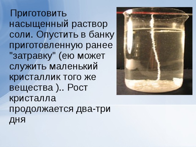  Приготовить насыщенный раствор соли. Опустить в банку приготовленную ранее 