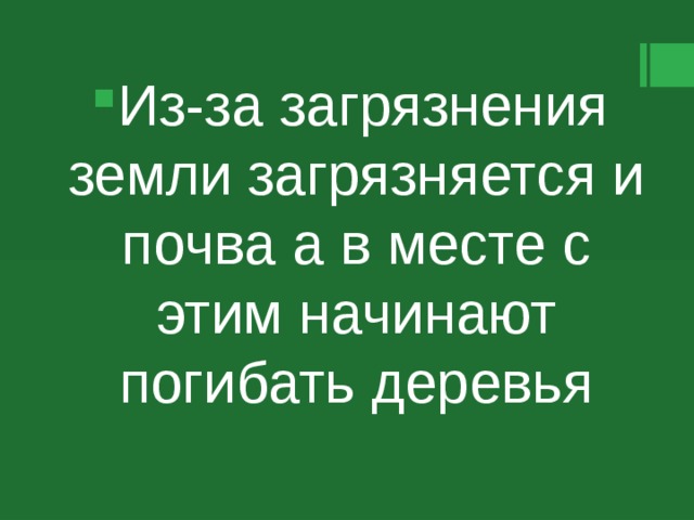 Из-за загрязнения земли загрязняется и почва а в месте с этим начинают погибать деревья 