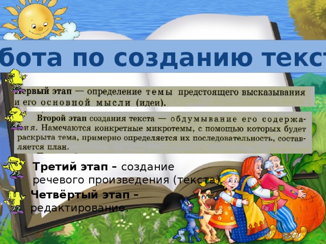 Работа по созданию текста Третий этап – создание речевого произведения (текста). Четвёртый этап – редактирование. 