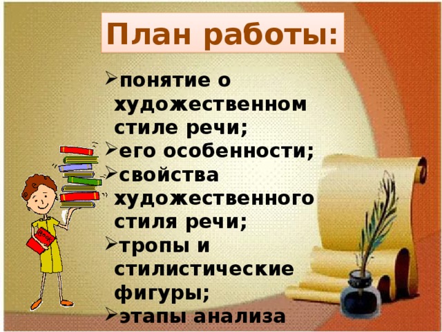 План работы: понятие о художественном стиле речи; его особенности; свойства художественного стиля речи; тропы и стилистические фигуры; этапы анализа художественного текста. 