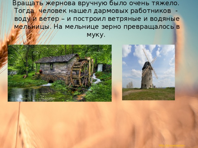 Вращать жернова вручную было очень тяжело. Тогда человек нашел дармовых работников - воду и ветер – и построил ветряные и водяные мельницы. На мельнице зерно превращалось в муку. 