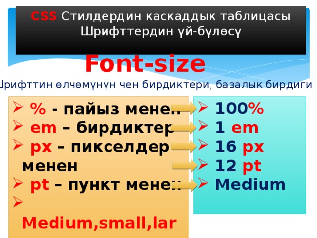CSS Стилдердин каскаддык таблицасы Шрифттердин үй-бүлөсү Font-size Шрифттин өлчөмүнүн чен бирдиктери, базалык бирдиги  100 %  1 em  16 px  12 pt  Medium   % - пайыз менен  em – бирдиктер  px – пикселдер менен  pt – пункт менен  Medium,small,large ,…- ,  сөздөр менен 