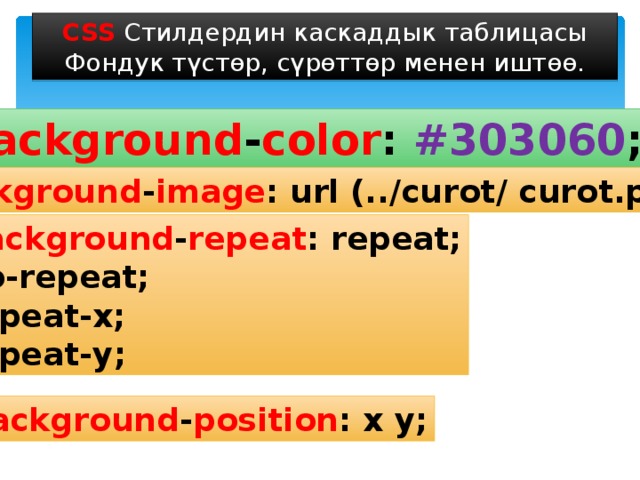 CSS Стилдердин каскаддык таблицасы Фондук түстөр, сүрөттөр менен иштөө. background - color : #303060 ; background - image : url (../curot/ curot.png); background - repeat : repeat; no-repeat; repeat-x; repeat-y; background - position : x y; 