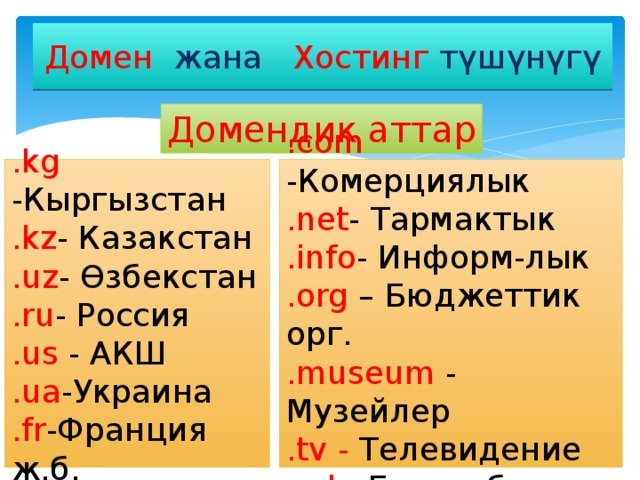 Домен жана Хостинг  түшүнүгү Домендик аттар .kg -Кыргызстан .com -Комерциялык .kz - Казакстан .net - Тармактык .uz - Өзбекстан .info - Информ-лык .ru - Россия .org – Бюджеттик орг. .us - АКШ .museum - Музейлер .ua -Украина .tv - Телевидение .fr -Франция ж.б. .edu -Билим берүү 