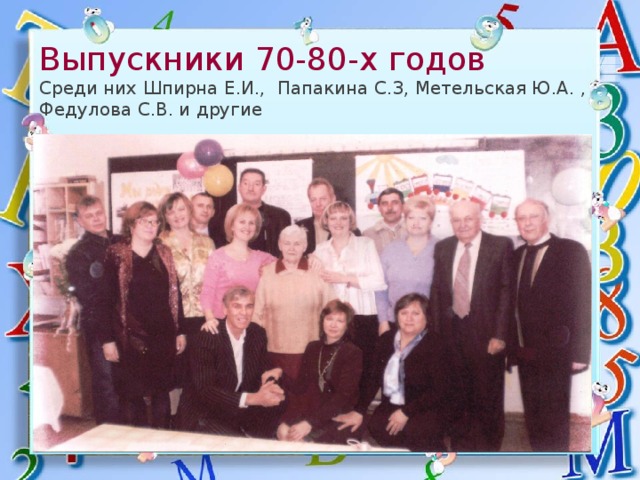 Выпускники 70-80-х годов  Среди них Шпирна Е.И., Папакина С.З, Метельская Ю.А. , Федулова С.В. и другие 