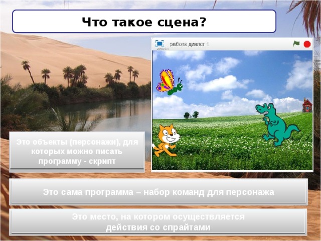 Что такое сцена? Это объекты (персонажи), для которых можно писать программу - скрипт Это сама программа – набор команд для персонажа Это место, на котором осуществляется действия со спрайтами 