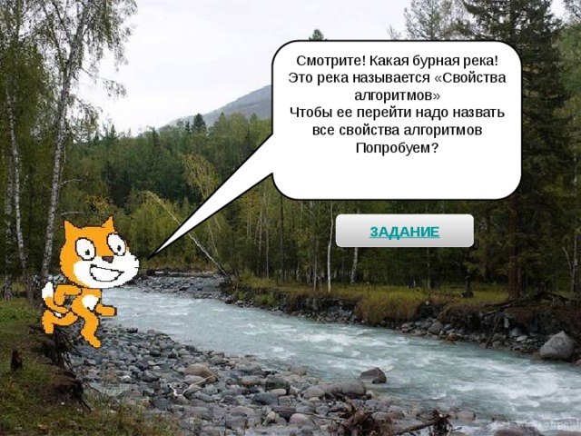 Смотрите! Какая бурная река! Это река называется «Свойства алгоритмов» Чтобы ее перейти надо назвать все свойства алгоритмов Попробуем? 