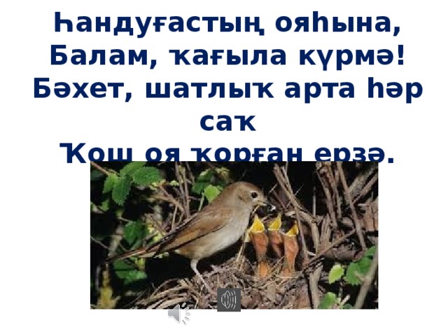 Һандуғастың ояһына,  Балам, ҡағыла күрмә!  Бәхет, шатлыҡ арта һәр саҡ  Ҡош оя ҡорған ерҙә. 