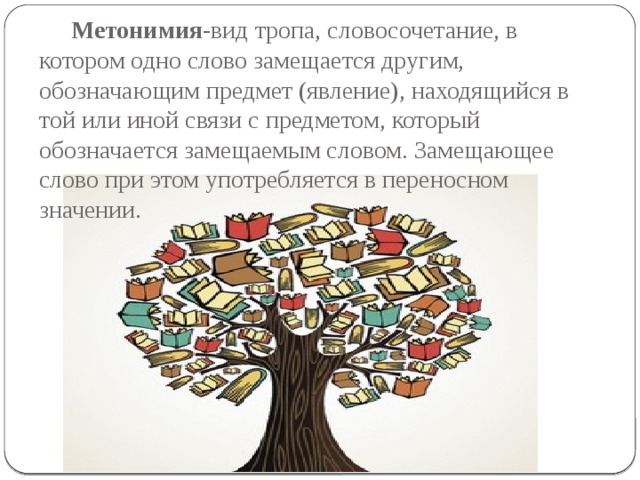  Метонимия -вид тропа, словосочетание, в котором одно слово замещается другим, обозначающим предмет (явление), находящийся в той или иной связи с предметом, который обозначается замещаемым словом. Замещающее слово при этом употребляется в переносном значении. 