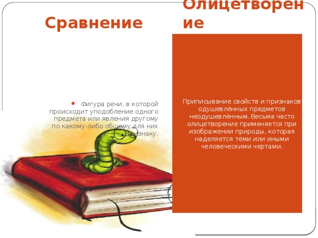 Сравнение Олицетворение Фигура речи, в которой происходит уподобление одного предмета или явления другому по какому-либо общему для них признаку. Приписывание свойств и признаков одушевлённых предметов неодушевлённым.  Весьма часто олицетворение применяется при изображении природы, которая наделяется теми или иными человеческими чертами. 