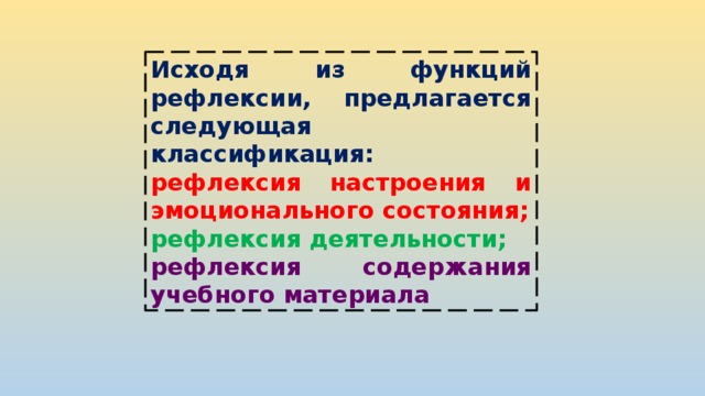 Исходя из функций рефлексии, предлагается следующая классификация: рефлексия настроения и эмоционального состояния; рефлексия деятельности; рефлексия содержания учебного материала 