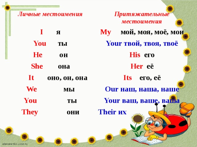Личные местоимения Притяжательные местоимения I я My мой, моя, моё, мои You ты Your твой, твоя, твоё He он His его She она Her её  It оно, он, она Its его, её We мы Our наш, наша, наше You ты Your ваш, ваше, ваша They они Their их 