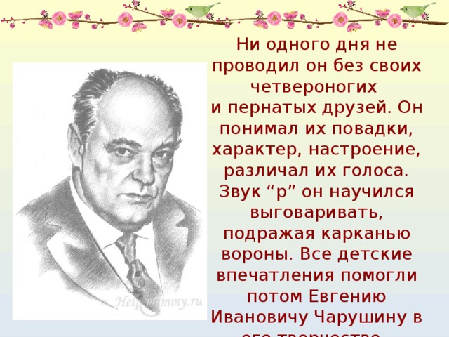 Ни одного дня не проводил он без своих четвероногих и пернатых друзей. Он понимал их повадки, характер, настроение, различал их голоса. Звук “р” он научился выговаривать, подражая карканью вороны. Все детские впечатления помогли потом Евгению Ивановичу Чарушину в его творчестве. 