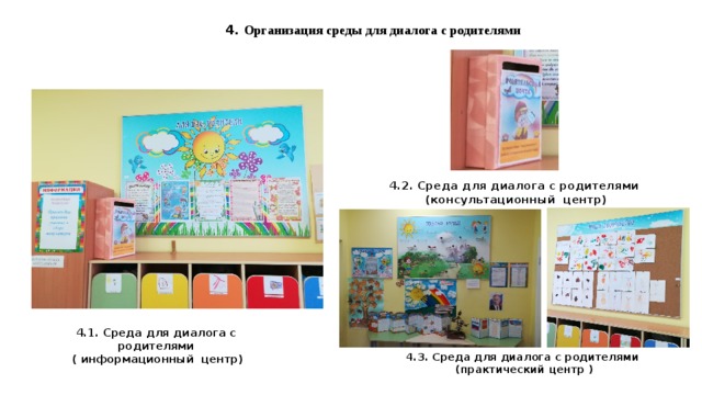 4. Организация среды для диалога с родителями 4.2. Среда для диалога с родителями  (консультационный центр) 4.1. Среда для диалога с родителями  ( информационный центр) 4.3. Среда для диалога с родителями  (практический центр )  