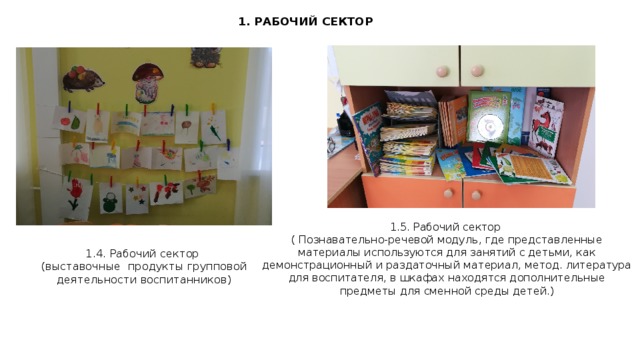 1. РАБОЧИЙ СЕКТОР 1.5. Рабочий сектор ( Познавательно-речевой модуль, где представленные материалы используются для занятий с детьми, как демонстрационный и раздаточный материал, метод. литература для воспитателя, в шкафах находятся дополнительные предметы для сменной среды детей.) 1.4. Рабочий сектор (выставочные продукты групповой деятельности воспитанников)  