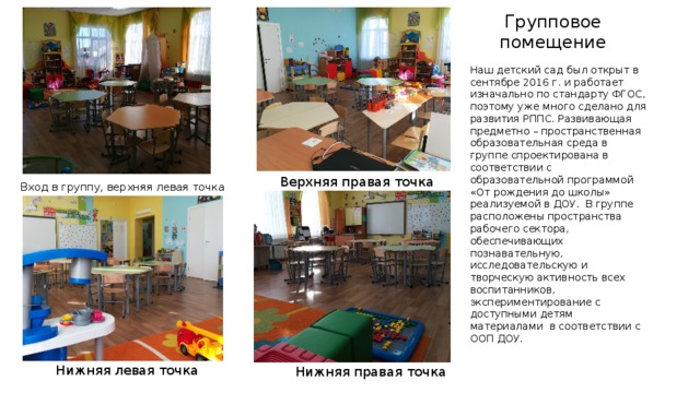 Групповое помещение Наш детский сад был открыт в сентябре 2016 г. и работает изначально по стандарту ФГОС, поэтому уже много сделано для развития РППС. Развивающая предметно – пространственная образовательная среда в группе спроектирована в соответствии с образовательной программой «От рождения до школы» реализуемой в ДОУ. В группе расположены пространства рабочего сектора, обеспечивающих познавательную, исследовательскую и творческую активность всех воспитанников, экспериментирование с доступными детям материалами в соответствии с ООП ДОУ. Верхняя правая точка Вход в группу, верхняя левая точка Нижняя левая точка Нижняя правая точка  