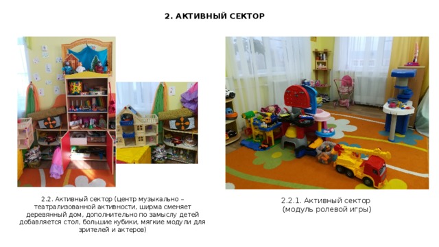 2. АКТИВНЫЙ СЕКТОР 2.2. Активный сектор (центр музыкально – театрализованной активности, ширма сменяет деревянный дом, дополнительно по замыслу детей добавляется стол, большие кубики, мягкие модули для зрителей и актеров) 2.2.1. Активный сектор (модуль ролевой игры)  