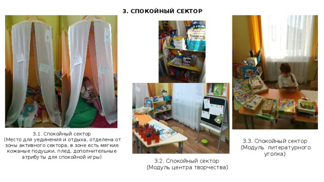 3. СПОКОЙНЫЙ СЕКТОР 3.1. Спокойный сектор  (Место для уединения и отдыха, отделена от зоны активного сектора, в зоне есть мягкие кожаные подушки, плед, дополнительные атрибуты для спокойной игры) 3.3. Спокойный сектор  (Модуль литературного уголка) 3.2. Спокойный сектор  (Модуль центра творчества)  