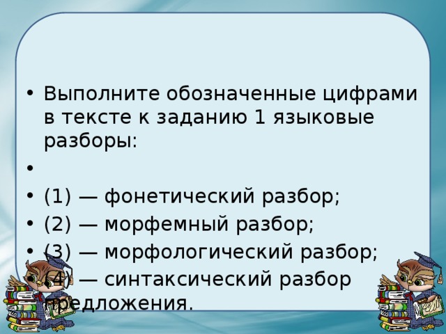 Выполните обозначенные цифрами в тексте к заданию 1 языковые разборы:   (1) — фонетический разбор; (2) — морфемный разбор; (3) — морфологический разбор; (4) — синтаксический разбор предложения. 