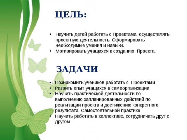 ЦЕЛЬ: Научить детей работать с Проектами, осуществлять проектную деятельность. Сформировать необходимые умения и навыки. Мотивировать учащихся к созданию Проекта. ЗАДАЧИ Познакомить учеников работать с Проектами Развить опыт учащихся в самоорганизации Научить практической деятельности по выполнению запланированных действий по реализации проекта и достижению конкретного результата. Самостоятельной практике Научить работать в коллективе, сотрудничать друг с другом 