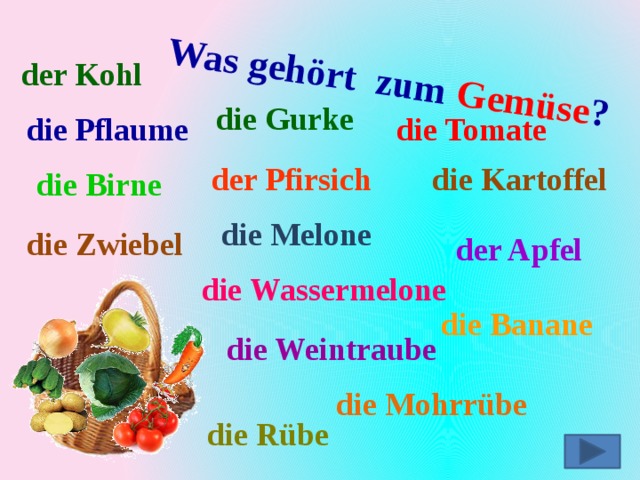 Was gehört zum Obst ? der Pfirsich die Birne die Wassermelone der Kohl der Apfel die Zwiebel die Tomate die Kartoffel die Banane die Pflaume die Gurke die Rübe die Apfelsine die Weintraube die Mohrrübe die Melone 