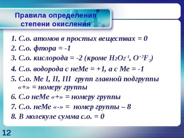 Правила определения степени окисления 1. С.о. атомов в простых веществах = 0 2. С.о. фтора = -1 3. С.о. кислорода = -2 (кроме Н 2 О 2 -1 , O +2 F 2 ) 4. С.о. водорода c неМе = +1, а с Ме = -1 5. С.о. Ме I, II, III групп главной подгруппы «+» = номеру группы 6. С.о неМе «+» = номеру группы 7. С.о. неМе «-» = номер группы – 8 8. В молекуле сумма с.о. = 0 12 