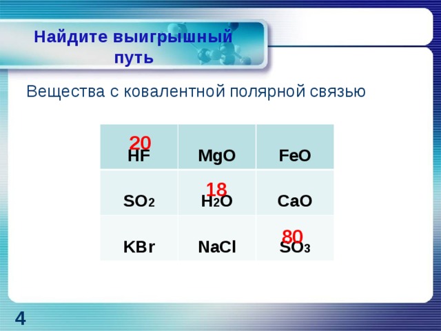 Найдите выигрышный путь Вещества с ковалентной полярной связью  HF   MgO  SO 2   FeO H 2 O KBr   NaCl CaO  SO 3 20   18   80 4 