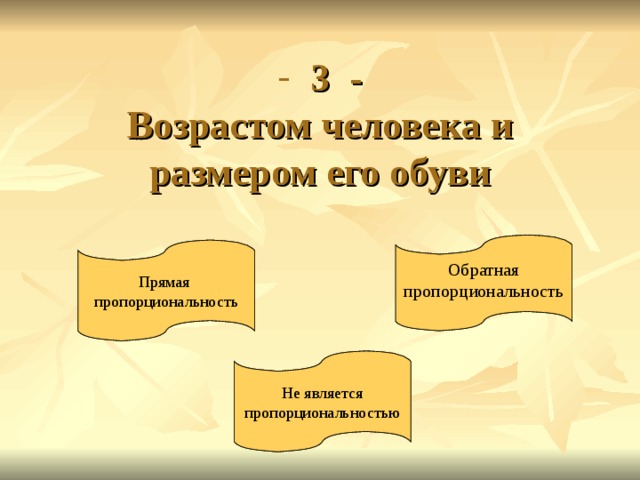  3 -  Возрастом человека и размером его обуви Обратная пропорциональность Обратная пропорциональность Прямая пропорциональность Прямая пропорциональность Не является пропорциональностью Не является пропорциональностью 