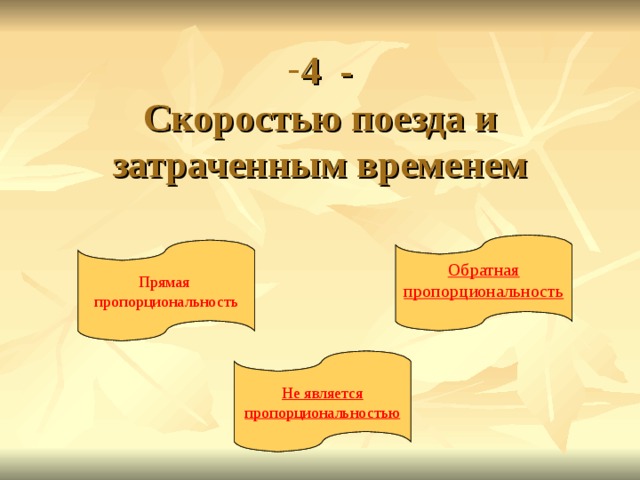 4 -  Скоростью поезда и затраченным временем Обратная пропорциональность Обратная пропорциональность Прямая пропорциональность Прямая пропорциональность Не является пропорциональностью Не является пропорциональностью 