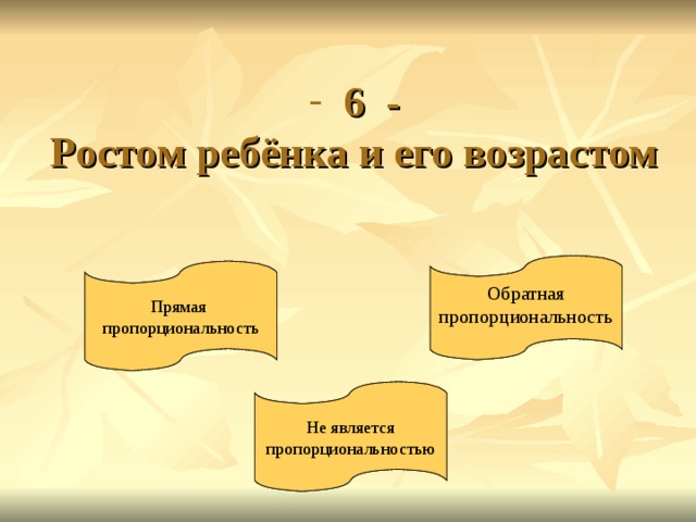  6 -  Ростом ребёнка и его возрастом Обратная пропорциональность Обратная пропорциональность Прямая пропорциональность Прямая пропорциональность Не является пропорциональностью Не является пропорциональностью 