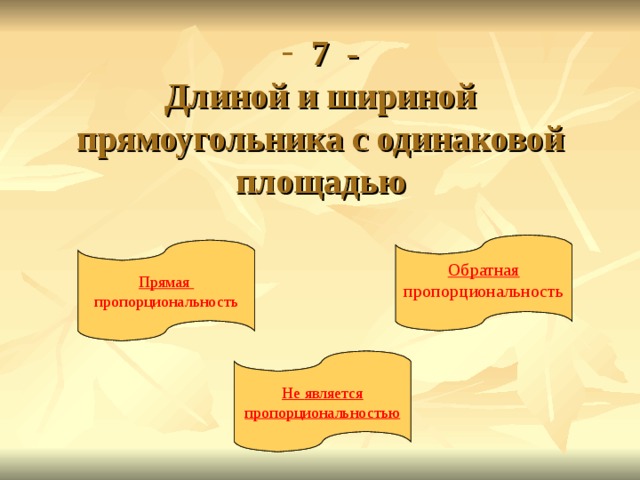  7 -  Длиной и шириной прямоугольника с одинаковой площадью Обратная пропорциональность Обратная пропорциональность Прямая пропорциональность Прямая пропорциональность Не является пропорциональностью Не является пропорциональностью 