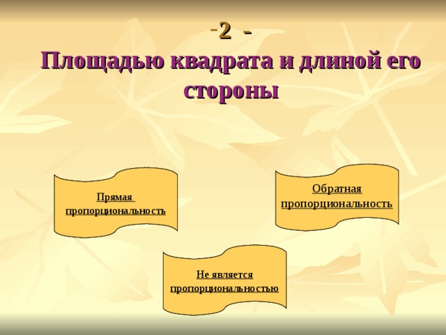 2 -  Площадью квадрата и длиной его стороны   Обратная пропорциональность Обратная пропорциональность Прямая пропорциональность Прямая пропорциональность Не является пропорциональностью Не является пропорциональностью 