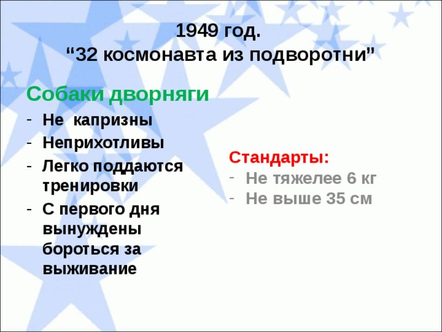 1949 год.  “32 космонавта из подворотни” Собаки дворняги Стандарты: Не капризны Неприхотливы Легко поддаются тренировки С первого дня вынуждены бороться за выживание Не тяжелее 6 кг Не выше 35 см  
