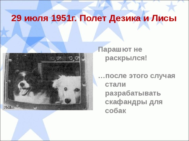 29 июля 1951г. Полет Дезика и Лисы Парашют не раскрылся!  … после этого случая стали разрабатывать скафандры для собак 