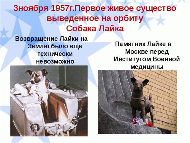 3ноября 1957г.Первое живое существо выведенное на орбиту  Собака Лайка Возвращение Лайки на Землю было еще технически невозможно Памятник Лайке в Москве перед Институтом Военной медицины 