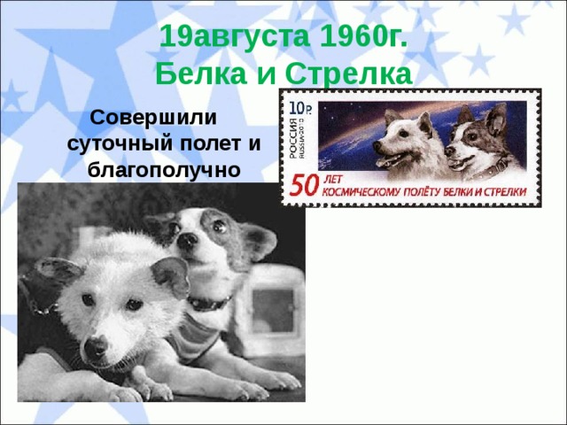 19августа 1960г.  Белка и Стрелка Совершили суточный полет и благополучно вернулись на Землю! 
