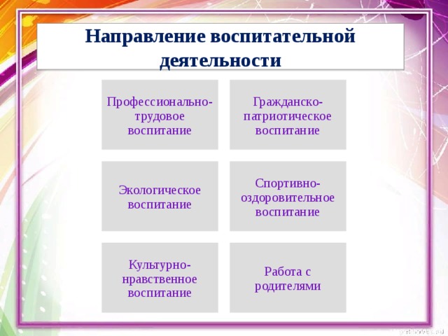 Направление воспитательной деятельности Профессионально-трудовое воспитание Гражданско-патриотическое воспитание Экологическое воспитание Спортивно-оздоровительное воспитание Культурно-нравственное воспитание Работа с родителями 