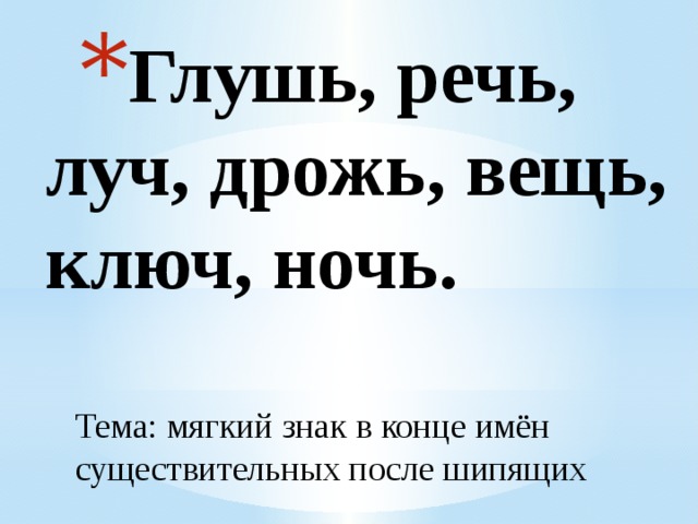 Глушь, речь, луч, дрожь, вещь, ключ, ночь.   Тема: мягкий знак в конце имён существительных после шипящих 