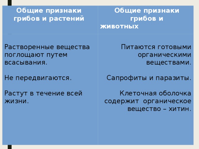 Общие признаки  Общие признаки грибов и растений  грибов и животных Растворенные вещества поглощают путем всасывания. Питаются готовыми органическими веществами. Не передвигаются.  Сапрофиты и паразиты. Растут в течение всей жизни.  Клеточная оболочка содержит органическое вещество – хитин. 