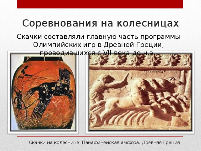Соревнования на колесницах Скачки составляли главную часть программы Олимпийских игр в Древней Греции, проводившихся с VII века до н.э. Скачки на колеснице. Панафинейская амфора. Древняя Греция 