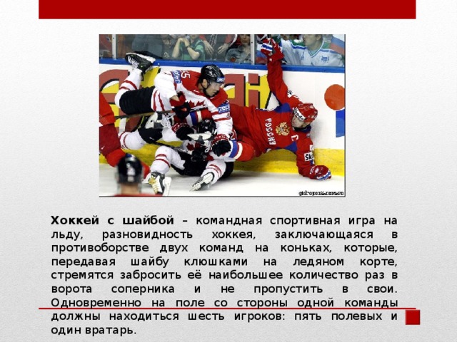 Хоккей с шайбой – командная спортивная игра на льду, разновидность хоккея, заключающаяся в противоборстве двух команд на коньках, которые, передавая шайбу клюшками на ледяном корте, стремятся забросить её наибольшее количество раз в ворота соперника и не пропустить в свои. Одновременно на поле со стороны одной команды должны находиться шесть игроков: пять полевых и один вратарь. 