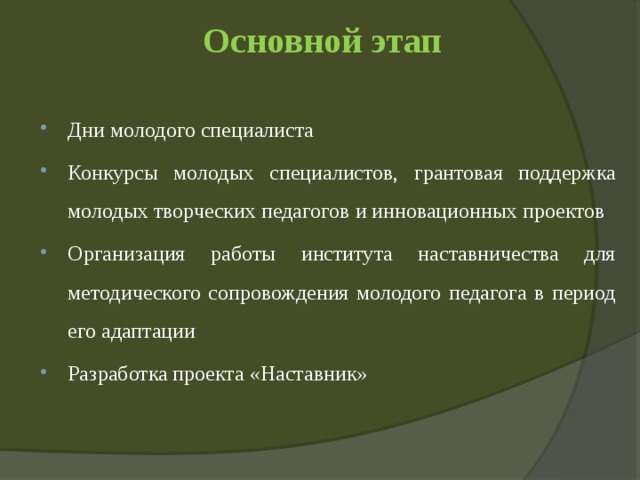 Основной этап   Дни молодого специалиста Конкурсы молодых специалистов, грантовая поддержка молодых творческих педагогов и инновационных проектов Организация работы института наставничества для методического сопровождения молодого педагога в период его адаптации Разработка проекта «Наставник» 